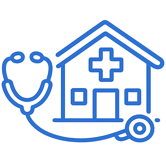 Stethoscope around a clinic building with a medical cross, representing a custom lab program for a practice